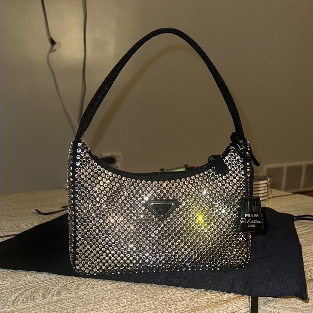 Prada Re-Edition 2000 Black Satin Mini Bag w/ Crystals - Picture 3 of 13